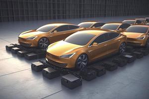 electric cars with pack of battery cells module on platform in a row photo