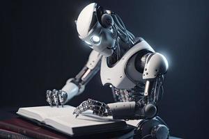 Robot exploring new bit of information and reading book. Concept of machine learning photo