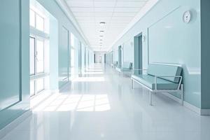 Long hospital bright corridor with rooms and blue seats 3D rendering photo