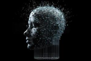 3D dissolving human head made with cube shaped particles photo