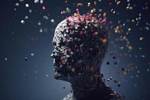 3D dissolving human head made with cube shaped particles photo