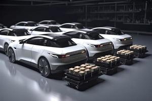 electric cars with pack of battery cells module on platform in a row photo