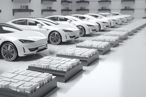 electric cars with pack of battery cells module on platform in a row photo