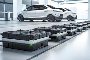 electric cars with pack of battery cells module on platform in a row photo