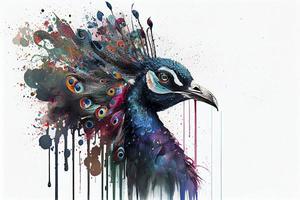 colorful Peacock,white background,dripping art photo