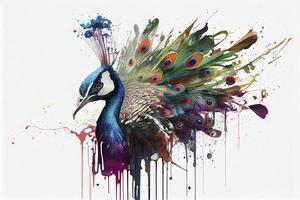 colorful Peacock,white background,dripping art photo