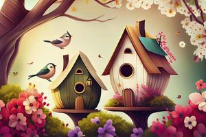 Beautiful Spring background with bird houses, birds and flowers photo