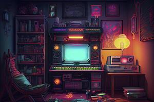 juegos habitación con un ciber jugador computadora. digital Arte foto