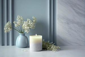 with a lot of copy space, nice gentle background with gypsophila flowers and candle on marble background photo