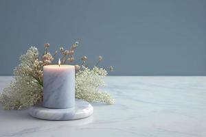 with a lot of copy space, nice gentle background with gypsophila flowers and candle on marble background photo