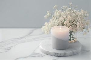 with a lot of copy space, nice gentle background with gypsophila flowers and candle on marble background photo