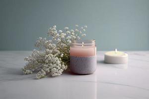 with a lot of copy space, nice gentle background with gypsophila flowers and candle on marble background photo