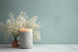 with a lot of copy space, nice gentle background with gypsophila flowers and candle on marble background photo