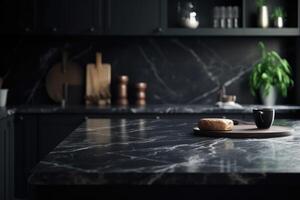 Empty black marble table and blurred white kitchen black wall. Black marble table top on blur kitchen for product display mockup. photo