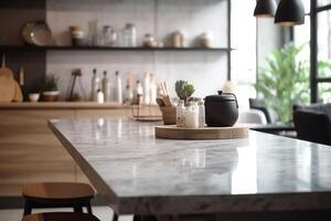vacío mármol mesa y borroso blanco cocina blanco pared. madera mesa parte superior en difuminar cocina para producto monitor Bosquejo. generativo ai foto