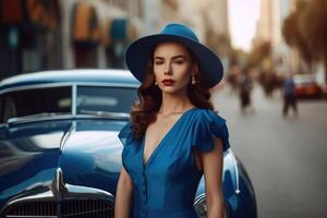 Photo of a woman wearing a blue dress and a hat, with a city street and a vintage car in the background.