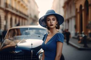 foto de un mujer vistiendo un azul vestir y un sombrero, con un ciudad calle y un Clásico coche en el antecedentes. generativo ai