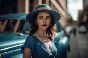 Photo of a woman wearing a blue dress and a hat, with a city street and a vintage car in the background.