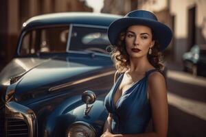 Photo of a woman wearing a blue dress and a hat, with a city street and a vintage car in the background.