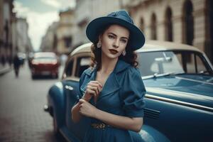 Photo of a woman wearing a blue dress and a hat, with a city street and a vintage car in the background.