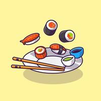 Sushi con palillo y shoyu en plato dibujos animados vector icono ilustración. japonés comida icono concepto aislado prima vector. plano dibujos animados estilo