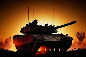 Silhouette of a main battle tank on a battlefield against the sunset. photo