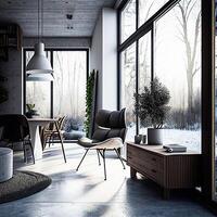 Furniture. Interior. Living room with sofa, table, pictures window AI photo