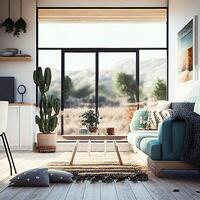 living room interior with big , sofa, pictures and houseplants AI photo