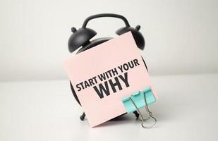 alarm clock with pink sticker with the text start with your why photo