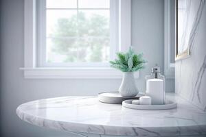 White marble countertop and tile wall. Empty bathroom shelf, kitchen table top with stone texture and mosaic backsplash on backdrop, realistic illustration AI photo