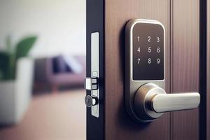 Hero shot with smart doorbell and lock button on grey background AI photo