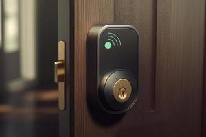 Hero shot with smart doorbell and lock button on grey background AI photo