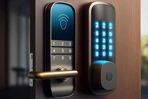 Door knobs handles realistic composition with finger touching digital dial pad of handle illustration AI photo