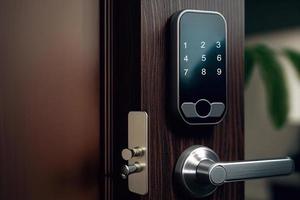 Door knobs handles realistic composition with finger touching digital dial pad of handle illustration AI photo