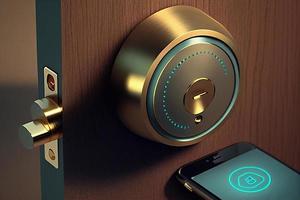 illustration of smart door lock with smartphone. Colored for website design. Simple design on transparent background AI photo