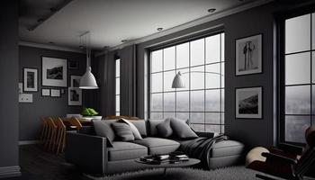 Living room with panoramic window interior, cozy spacious apartment with couch, armchair, coffee table and floor-to celling glass wall with city view, modern luxurious loft. Cartoon illustration AI photo