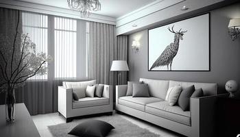 Living room with panoramic window interior, cozy spacious apartment with couch, armchair, coffee table and floor-to celling glass wall with city view, modern luxurious loft. Cartoon illustration AI photo