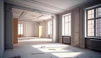 Empty Room Interior For Gallery Exhibition . AI Showroom Interior With Wooden Parquet Flooring, White Paint Blank Walls And Ceiling. Creative Design Template Realistic 3d Illustration. photo