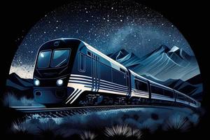 Monorail in mountains. City highway. Transportation illustration. Tower and skyscrapers, modern town, business buildings. Night scene. White lines on blue background. design art AI photo