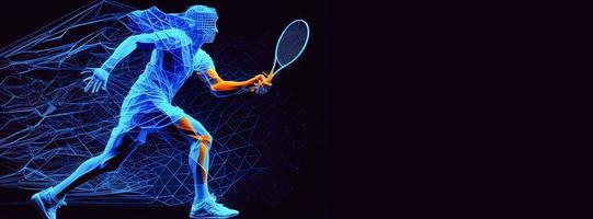 Abstract silhouette of a tennis player on blue background. Tennis player man with racket hits the ball. illustration AI photo