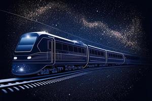 Monorail in mountains. City highway. Transportation illustration. Tower and skyscrapers, modern town, business buildings. Night scene. White lines on blue background. design art AI photo