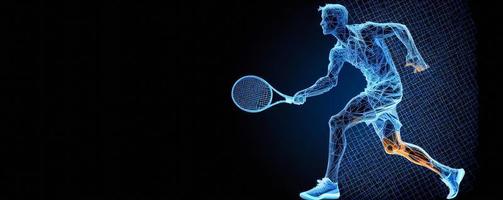 Abstract silhouette of a tennis player on blue background. Tennis player man with racket hits the ball. illustration AI photo