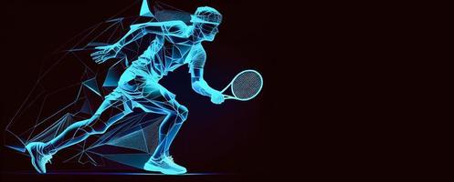 Abstract silhouette of a tennis player on black background. Tennis player man with racket hits the ball. illustration AI photo