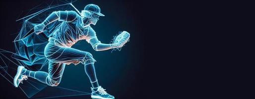 Abstract silhouette of a baseball player on blue background. Baseball player batter hits the ball. illustration AI photo