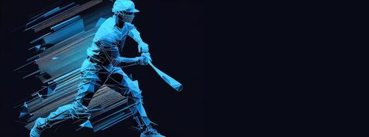 Abstract silhouette of a baseball player on blue background. Baseball player batter hits the ball. illustration AI photo