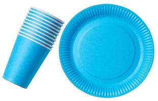 Blue empty paper disposable plate and cups on white isolated background, top view photo