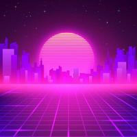 Silhouetted Night City on Skyline. 80s Retro Sci-Fi Background. Futuristic Design in 80s Style. Vector illustration