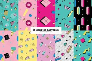 Set of Memphis Pattern. Red, Blue, Yellow, Turquoise Colors. Memphis Style Funky Patterns. Hipster Style 80s-90s. Vector illustration. Suitable for banners, funky posters, flyers, covers.