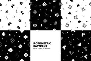 Set of vector fashion geometric seamless patterns. Flat repeated trendy elements in black, white, memphis style. For package, wallpaper, textile, your design. Vector illustration