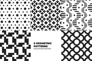 Set of vector fashion geometric seamless patterns. Flat repeated trendy elements in black, white, memphis style. For package, wallpaper, textile, your design. Vector illustration